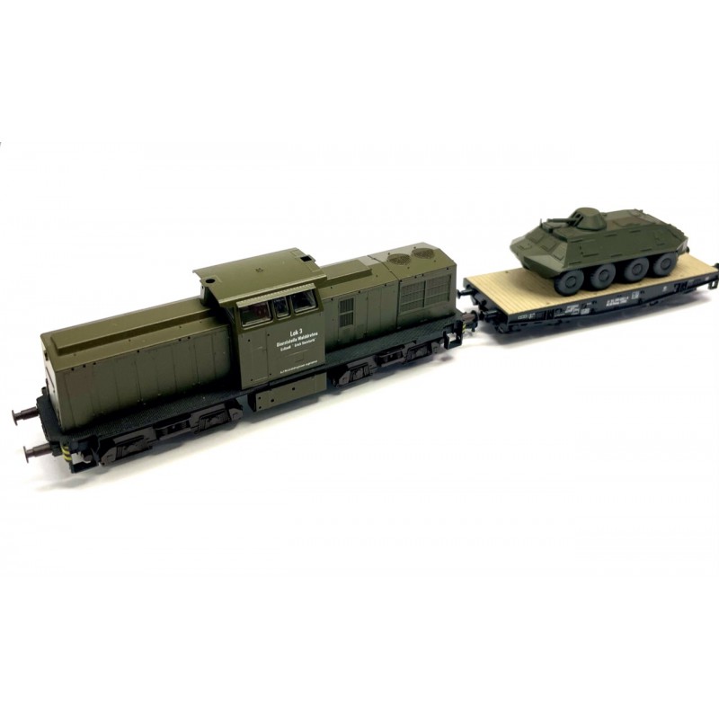 AUSVERKAUFT Diesellok V100 DR Lok 3 NVA Set 3 SPW60 auf Schwerlastwagen Roco